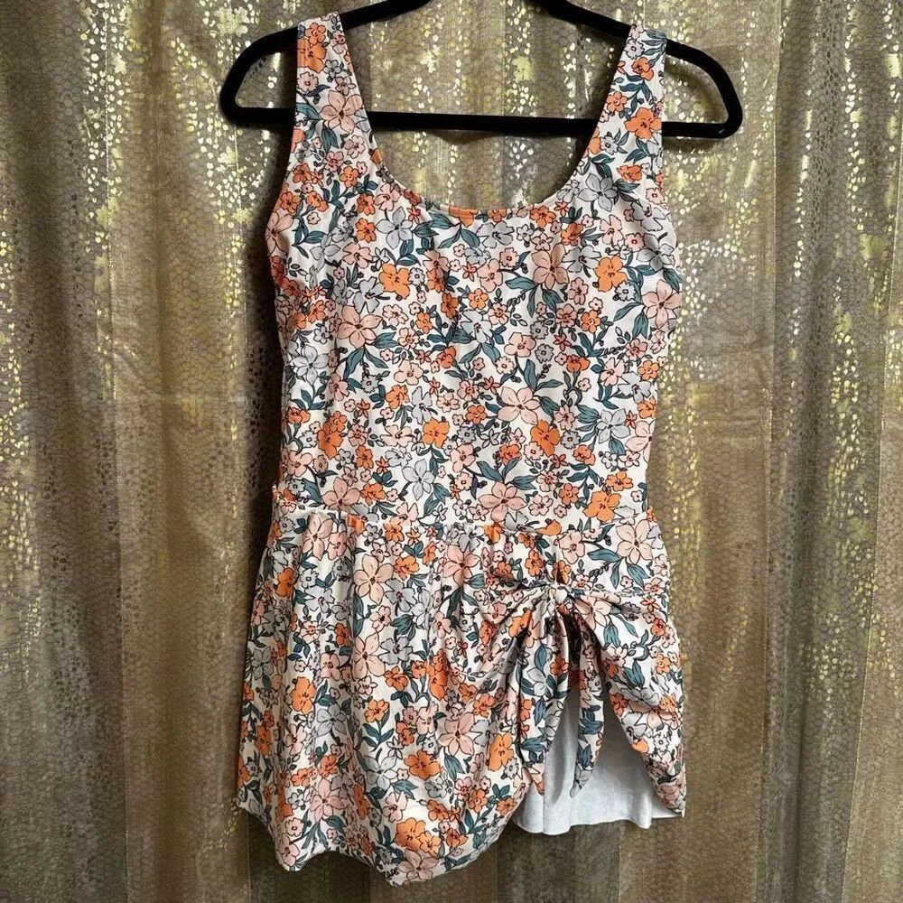 Cupshe Orange Peach Floral Scoop‎ Neckline Ruching Swimdress XL NWT